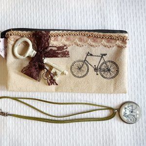 Vintage Bike & Key zipper Bag & Bike Necklace set